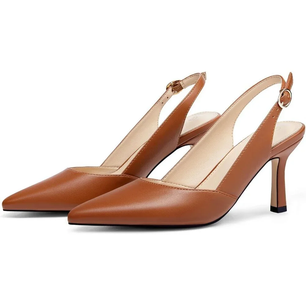 Women's Brown Leather Kitten Heels Closed Pointed Toe Wedding Party Dress Pumps
